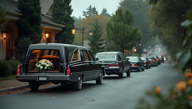 Funeral Procession with Black Hearse Carrying Coffin