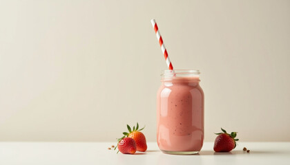 Refreshing Strawberry Smoothie with a striped straw in minimalist style. AI Generation.