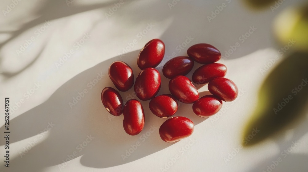 Fototapete A handful of plump red bean seeds placed neatly on a clean white surface, showing their vibrant color and distinct shape, with soft lighting accentuating their details.
