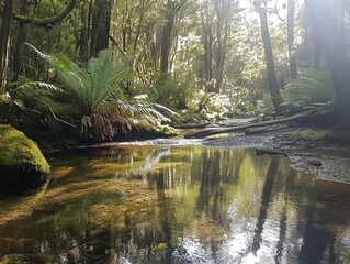 Sunlit Forest Stream with Mossy Banks and Tranquil Flowing Water