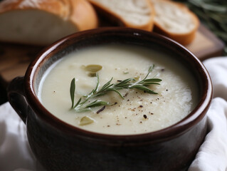Rustic Homemade Soup with Fresh Bread and Herbs in Cozy Lighting