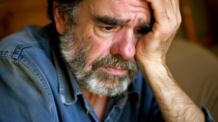 Fototapeta premium Middle-aged man sitting alone in a quiet room, holding his head with one hand, looking stressed and concerned. Emotional state of solitude and introspection.