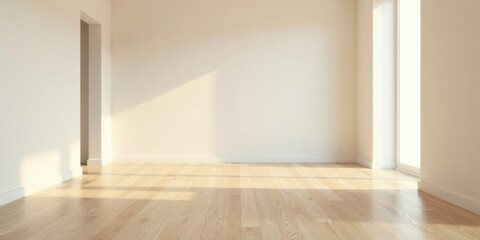 Obraz premium Sunlight streams into an empty room with light hardwood flooring and white walls, creating a serene and minimalist interior scene