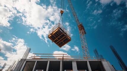Fototapeta premium A dramatic image of a construction crane lifting heavy machinery against a dramatic sunset backdrop at a waterfront construction site, Waterfront development scene, Sunset construction style