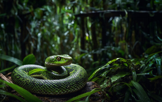 Close-up of a green tree python snake resting on a branch surrounded by lush green foliage in a tropical environment.



