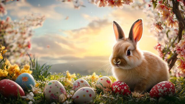 A delightful spring scene showcasing a curious rabbit amidst vibrant Easter eggs on a lush green meadow. Cherry blossoms and golden sunlight add warmth to the festive atmosphere, generative ai - Powered by Adobe