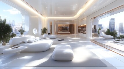 Modern white apartment with panoramic city views.