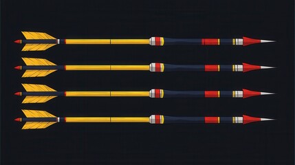 Four Colorful Pixel Art Arrows On Dark Backgrounds. The arrows have colorful bands on yellow