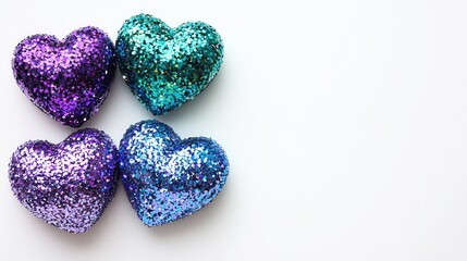Fototapeta premium Four Glitter Hearts On White Background; keywords