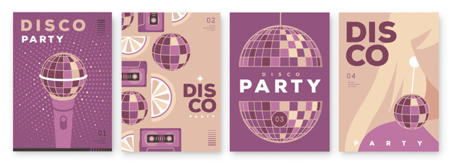 Set of retro disco party posters, covers or banners with disco ball. Disco background. Flat design. Vector illustration