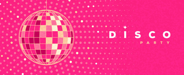Retro pink disco party background with disco ball. Night club vintage poster. Disco of 80s. Flat design. Vector illustration.