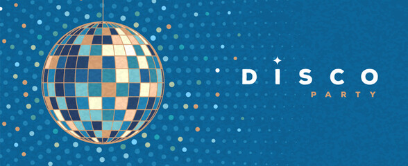 Retro blue disco party background with disco ball. Night club vintage poster. Disco of 80s. Flat design. Vector illustration.