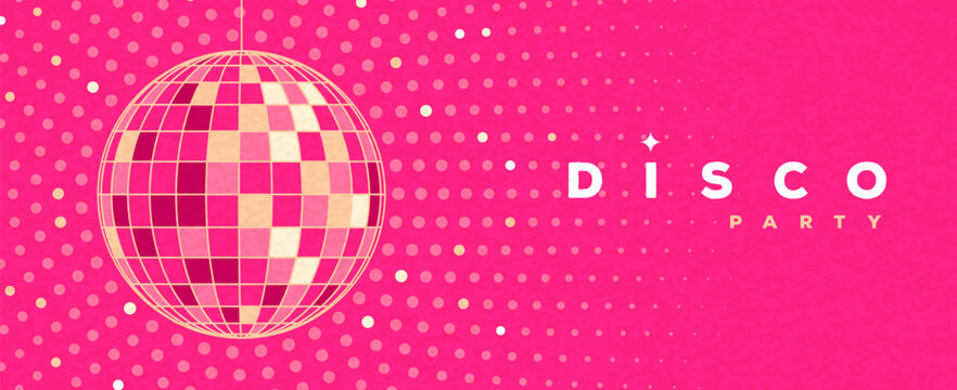 Retro pink disco party background with disco ball. Night club vintage poster. Disco of 80s. Flat design. Vector illustration.