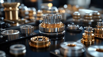 Precision metal parts, workshop, close-up, industrial background, product catalog