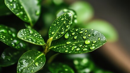 Close-up of Green Leaves with Water Drops on Natural Background