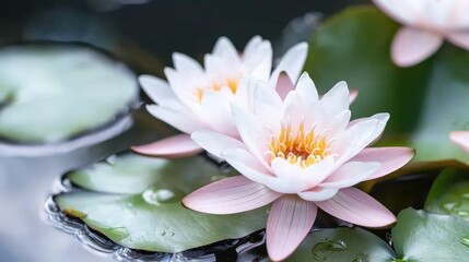 Water lilies float on calm pond, nature background, spa serenity