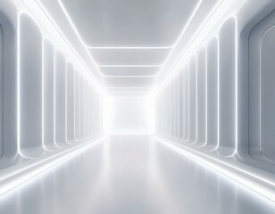 White background 3D room light abstract space technology tunnel stage floor. Empty white future 3D neon background studio futuristic corridor render modern interior silver road black wall design gray
