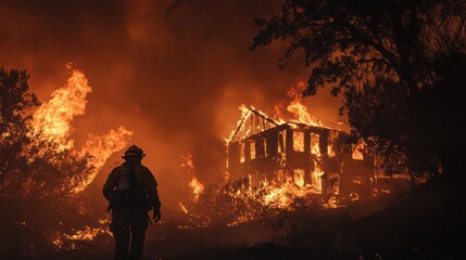 Fototapeta premium Firefighter Facing Inferno: A House Engulfed in Flames