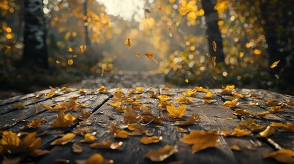 Autumnal Serenity: Golden Leaves Falling on Wooden Path