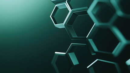 Floating, interlocking 3D hexagons on a solid dark green background.