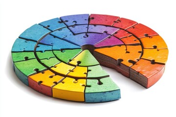 Fototapeta premium Colorful Wooden Puzzle Pieces in Spiral Arrangement on White Background
