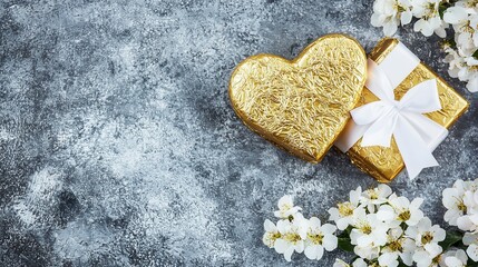 Obraz premium Gold Heart Gift Box with White Blossom Branches on Gray Background