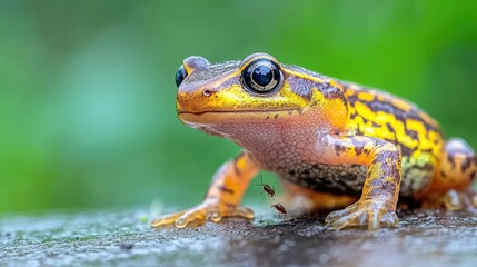 Fototapeta premium Close-up of a colorful frog in a natural setting. Potential use Educational resource or nature photography