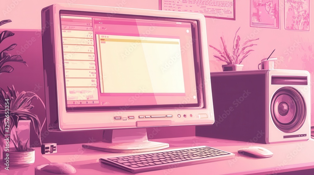 Wall mural retro old computer user interface,pink y2k computer window page and retro interface of pc screentren