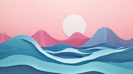 Pastel Mountains and Waves Abstract Landscape