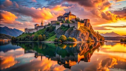 Obraz premium Majestic ancient fortress on a tranquil lake at sunset, reflecting golden hues in the still water, surrounded by lush green hills and distant mountains