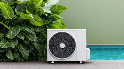 Modern Outdoor Air Conditioner Unit Beside Lush Plants Near Pool
