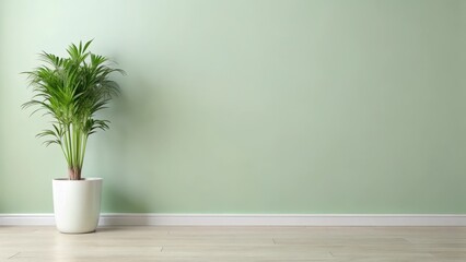 Fototapeta premium Serene Interior Design Featuring a Lush Potted Plant Against a Pale Green Wall