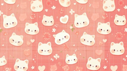 Sweet and Cute Cat Faces Pattern on Soft Pink Background