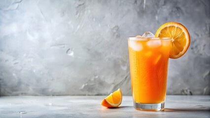 Refreshing Iced Citrus Beverage in Tall Glass with Ice Cubes and Orange Slice Garnish on Grey Surface