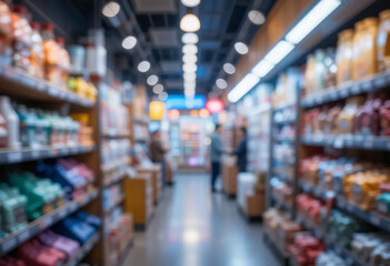 Obraz premium Blurred Grocery Store Aisle. Retail Shopping Background Image