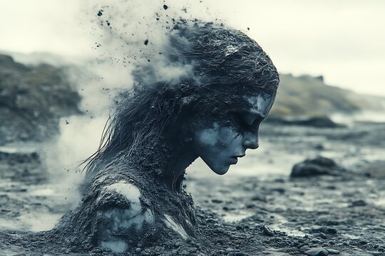 Mud-covered woman emerging from volcanic ash.