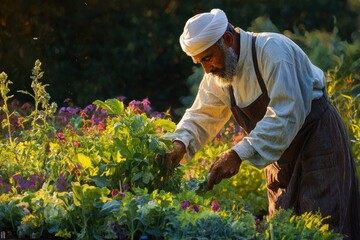 Dedicated Gardener Tending to Colorful Vegetable Garden in Nature
