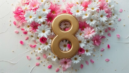 8 March Golden Text placed between the pink and white flowers background for Women's Day Celebration.