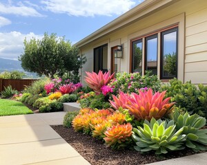 Fototapeta premium Vibrant Succulent and Flower Garden Landscape Design in Front of Modern House.