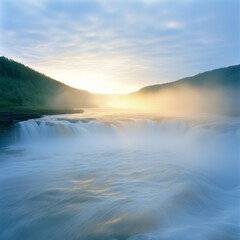 Fototapeta premium Serene Sunrise over a Misty Waterfall