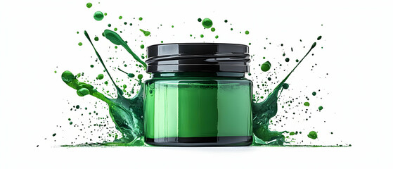 Green paint splash jar studio shot