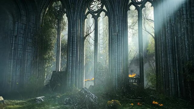 Ruins of a gothic church enveloped in nature&rsquo;s embrace illuminated by soft rays of light in a mystical atmosphere