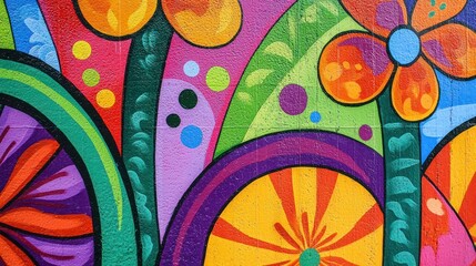 A vibrant hand-painted mural on a street corner, with colorful elements and patterns.