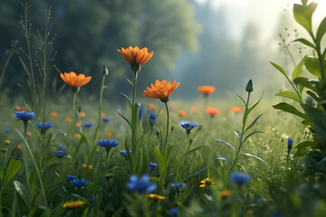 Colorful Wildflowers In A Meadow At Sunrise