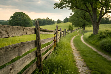 Countryside Path With Wooden Fence And Lush Green MeadowWith Lush Green