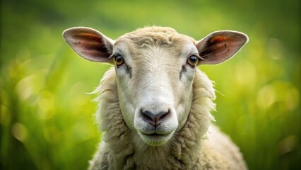 Fototapeta premium A Gentle Sheep Gazes Directly at the Camera, Its Soft Wool a Striking Contrast Against the Vibrant Green Pasture