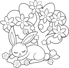 Sleeping Bunny Rabbit Coloring Page with Blossoming Flower Tree