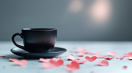 Black teacup and saucer surrounded by scattered pink heart-shaped confetti. Soft-focus with blurred luminous background. Valentine's Day concept. Design for greeting card, invitation, poster, banner