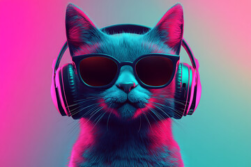 Naklejka premium Cool cat wearing sunglasses and headphones, posing in a vibrant, colorful background with neon hues