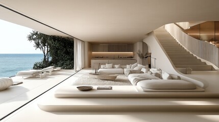 Coastal Minimalist Dream Home: Oceanfront Living Room Design